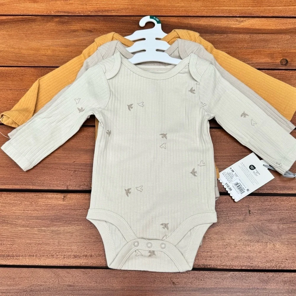 Cloud Island Cream, Tan, and Yellow Baby Bodysuit Trio Size 0-3 Months, NWT